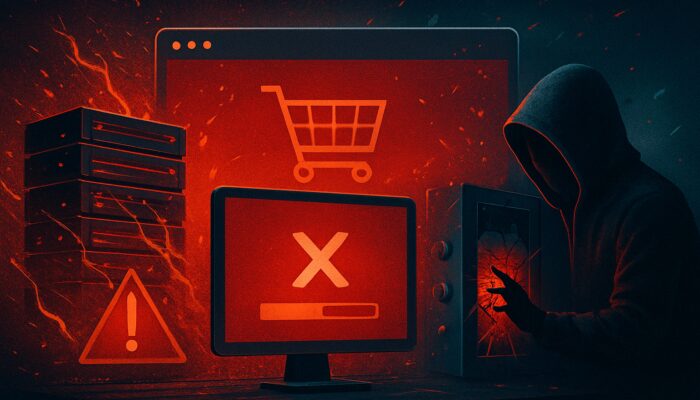 Disorganised e-commerce site: overloaded servers, slow loading pages, red error screens, and compromised firewalls.