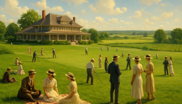Bustling early 20th-century Darnall Country Club: elegantly dressed people golfing and picnicking amid verdant fields.