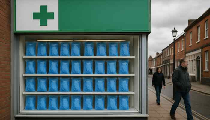 A display of sterile blue medical gloves in a pharmacy window in Burton upon Trent.