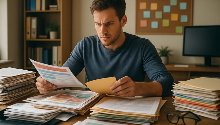 How to Tidy Debt Without a New Loan: Effective Strategies | DCL Determined person sorting colourful bills and documents in cluttered home office for debt management.