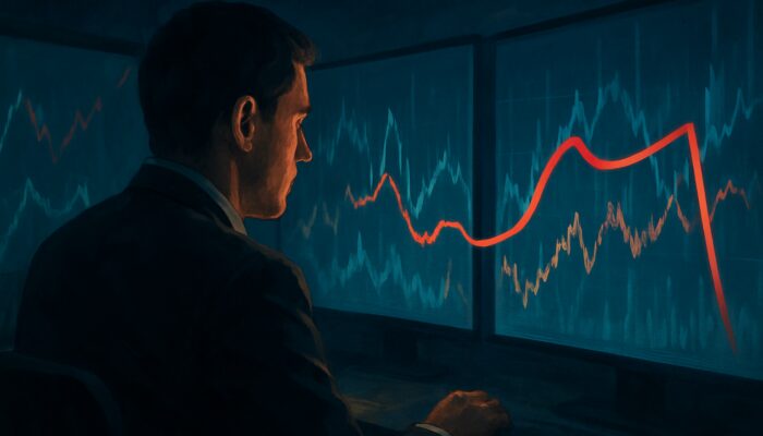 Focused trader analysing stock charts in a dimly lit room with a protective trailing red line.
