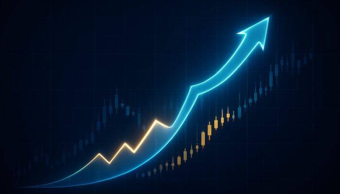 Dynamic stock chart displaying a glowing trailing stop loss ascending with rising prices and locking during declines.