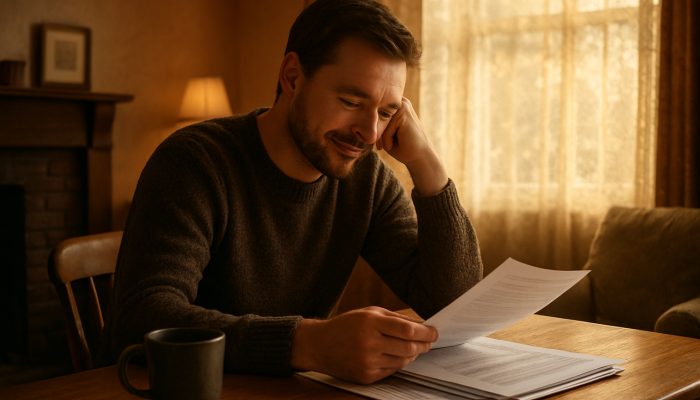 Individual reviewing consolidated debt documents in a comfortable British living room, reflecting relief and clarity.