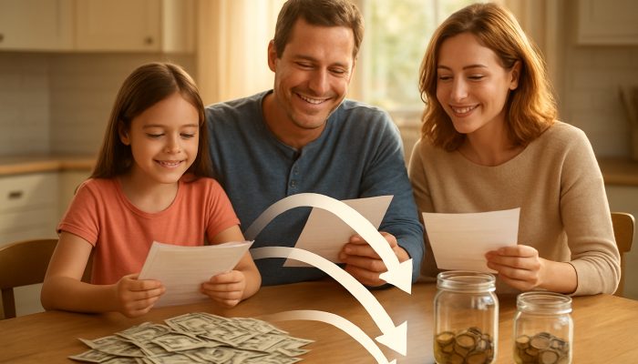 Family consolidating bills into a single payment at a sunlit kitchen table with savings jars
