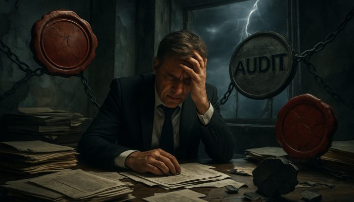 checking your file after accounts close: Essential Tips | DCL Stressed executive facing HMRC penalties and audits, with a damaged reputation in a deteriorating office environment