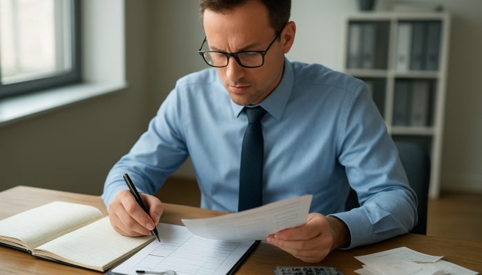 checking your file after accounts close: Essential Tips | DCL Accountant cross-referencing ledgers with invoices and receipts using a checklist on a wooden desk in a modern office