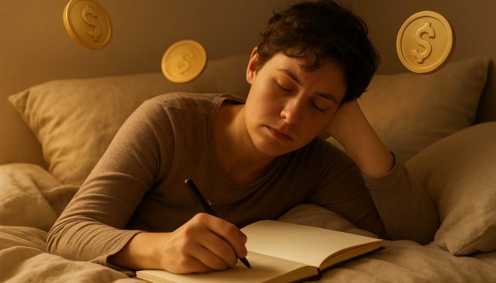 Exhausted individual resting in bed while drafting a gentle debt repayment plan in a journal illuminated by warm golden light