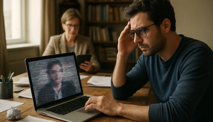 Remote writer struggles with glitchy video call in cluttered office, as supervisor reviews documents on a tablet.
