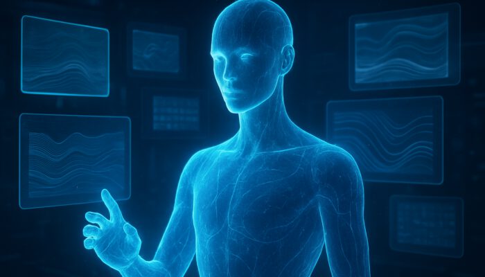 Futuristic AI hologram morphing for writing styles, surrounded by floating digital screens.