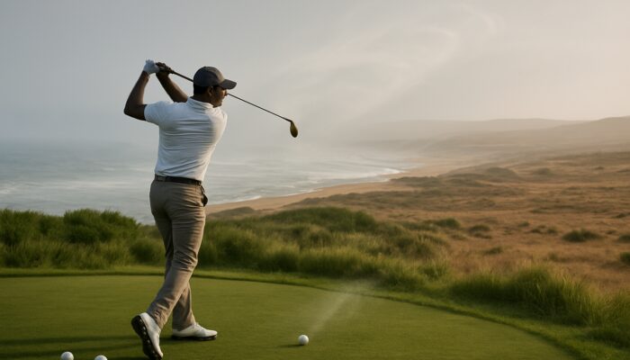 South African golfer selecting low-compression balls on misty Durban coast contrasting with the Karoo plains and soaring ball in wind