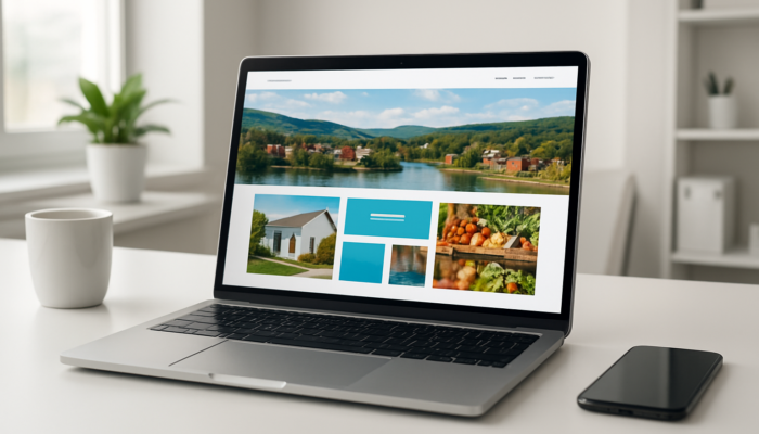 Laptop showcasing a sleek Kingswood website redesign for small businesses with clean layouts and mobile previews.