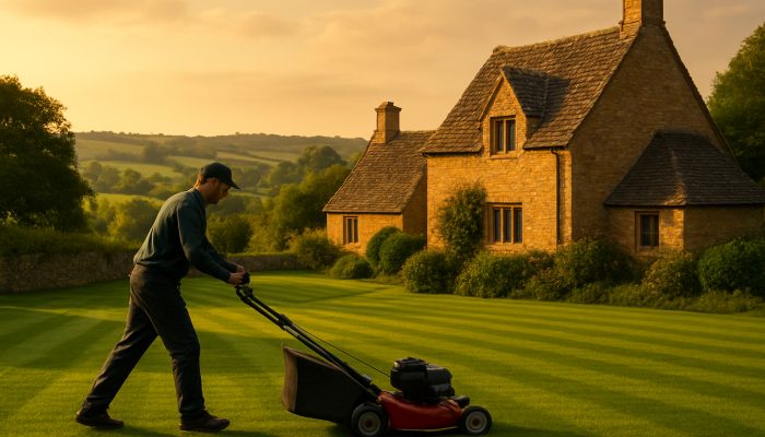 Gardener mowing pristine lawns beside stone cottages in Haselbury Plucknett countryside