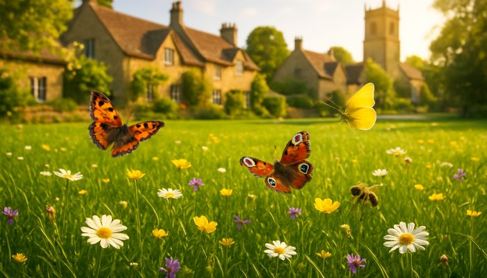 Freshly mowed Haselbury Plucknett lawn with wildflowers, butterflies, and bees in golden sunlight.