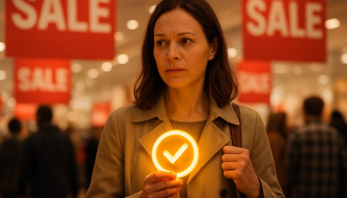 British shopper pauses in bustling store clutching glowing mindful spending reward amid urgency sale signs.