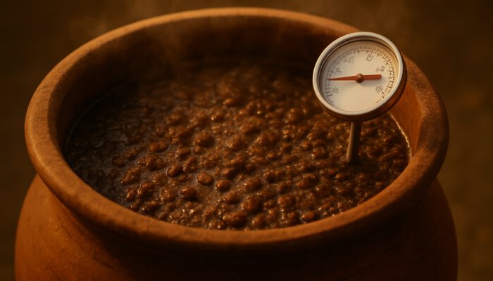 Close-up of fermenting locust beans in clay pot with thermometer at 28°C for temperature control