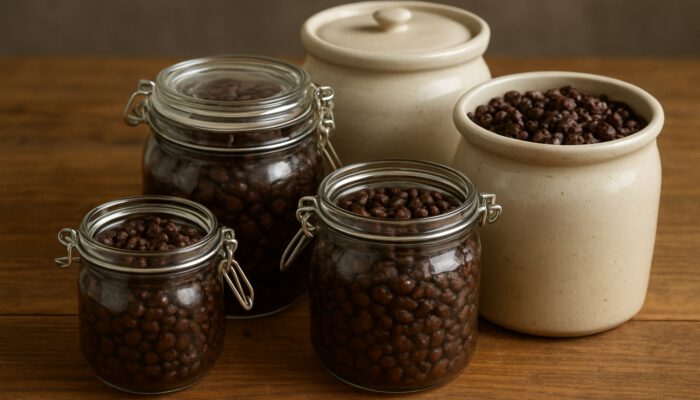 Glass jars and ceramic crocks filled with locust beans for homemade ogiri fermentation.