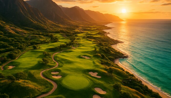Aerial view of a championship public golf course winding through mountains to the sea at sunset