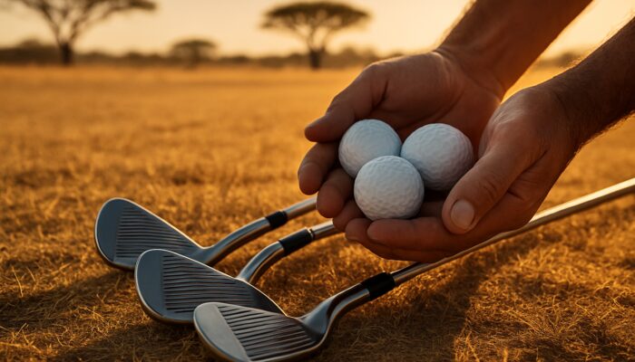 Golfer's hands holding low-compression balls beside irons on a dry South African fairway