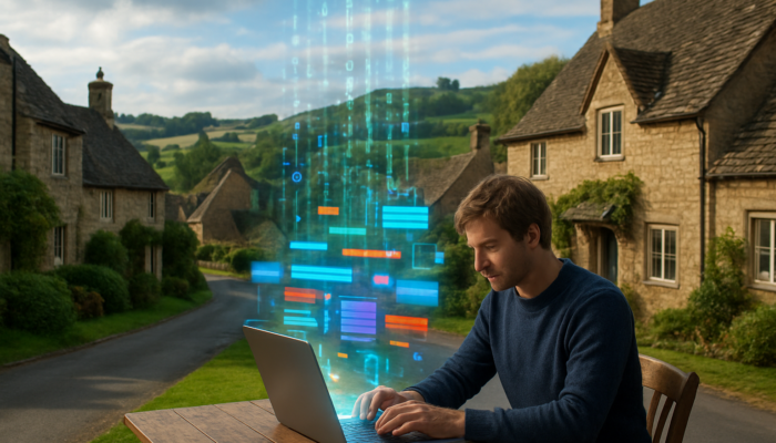 Small business owner developing website on laptop in charming Bampton village with digital overlays
