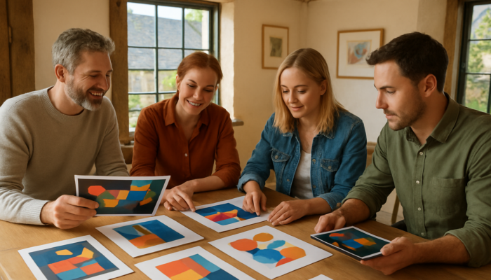 Bampton entrepreneurs discussing vibrant web mockups with local designers in sunlit village studio.
