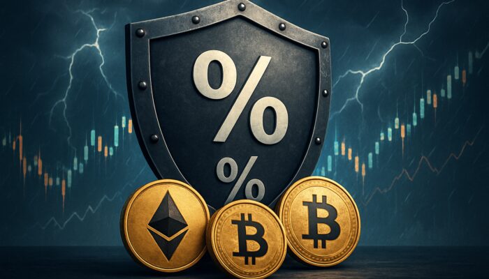 Shield with risk percentages guarding cryptocurrency coins amid stormy market charts for position sizing.