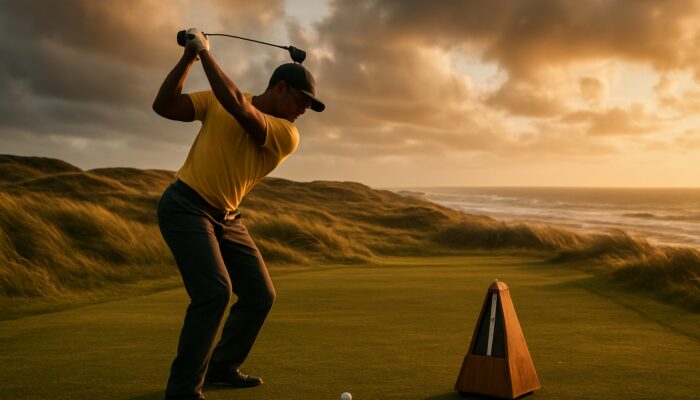 Focused South African golfer mid-swing with metronome on a breezy coastal fairway at golden hour