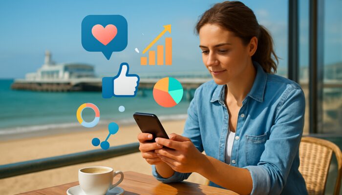Small business owner formulating social media strategy on smartphone in Bournemouth café with charts and ocean view