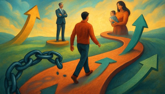 Person navigating a winding financial roadmap through job promotions and family growth with debt chains and income arrows