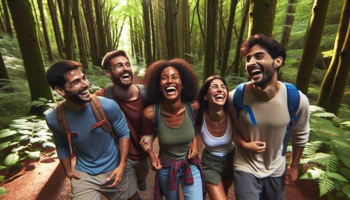 A diverse group hiking and laughing in a lush forest, showcasing the mental health advantages of social connections.