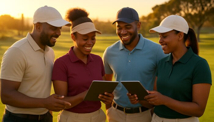 Diverse South African golfers engaging in community reviews on tablets at sunset on a vibrant golf course.