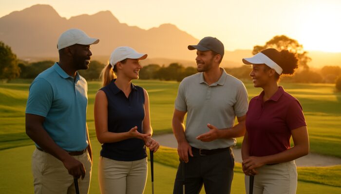 A diverse group of golfers networking at sunset on a picturesque South African course with mountains in the background.