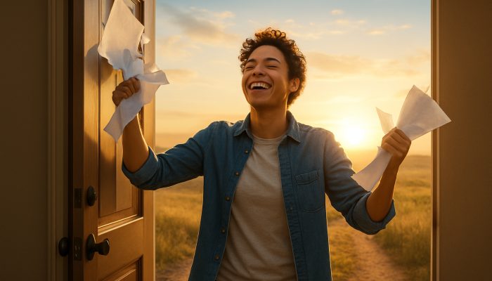 Planning Life After Monthly Debt Bills End: New Beginnings | DCL Relieved individual tearing up debt bills steps through an open door into a sunlit horizon for fresh beginnings.