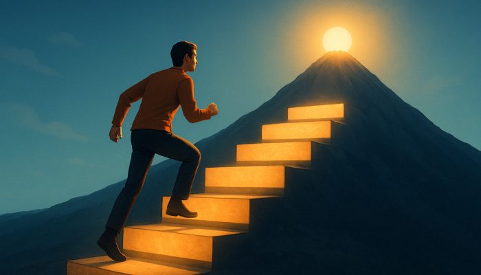 Planning Life After Monthly Debt Bills End: New Beginnings | DCL Individual navigating stepping stones labelled emergency fund and holiday savings towards the summit of financial independence