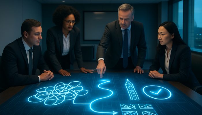 Executives charting strategy transition on a glowing digital blueprint with UK compliance icons in a boardroom
